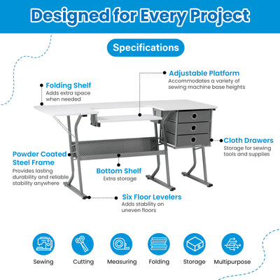 Studio Designs Eclipse Ultra Sewing Machine Craft Table Cabinet, Grey/White - VMInnovations