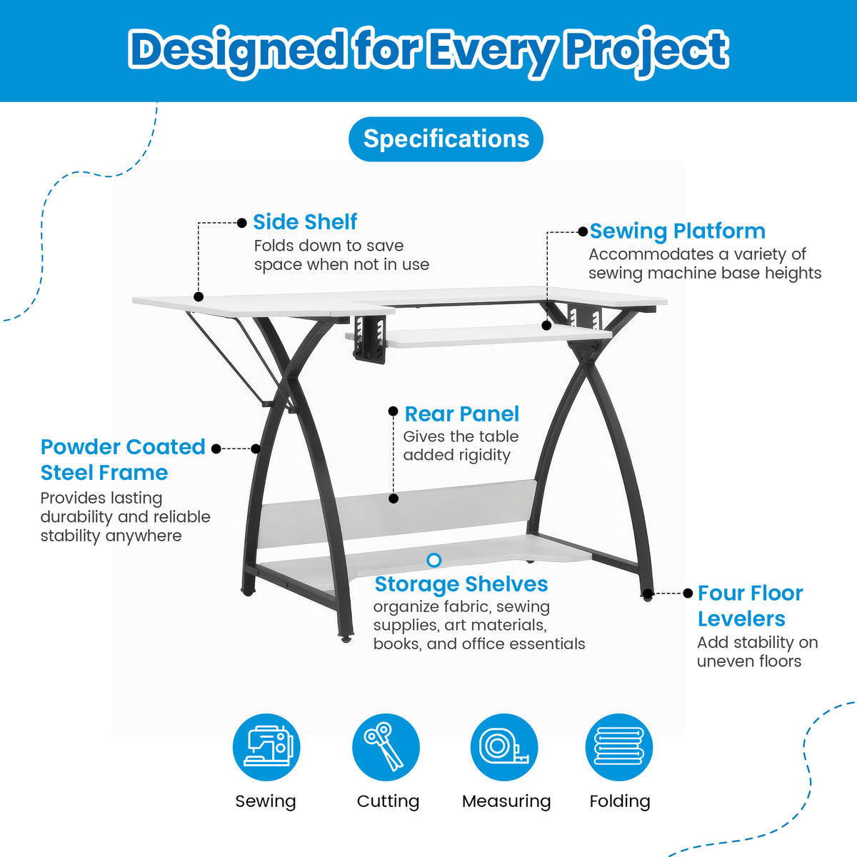 Sew Ready Comet Plus Hobby and Sewing Table with Side & Lower Shelf, Black/White