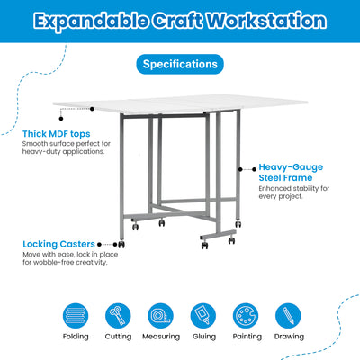 Sew Ready Folding Craft and Cutting Standing Table with Wheels, Silver/White