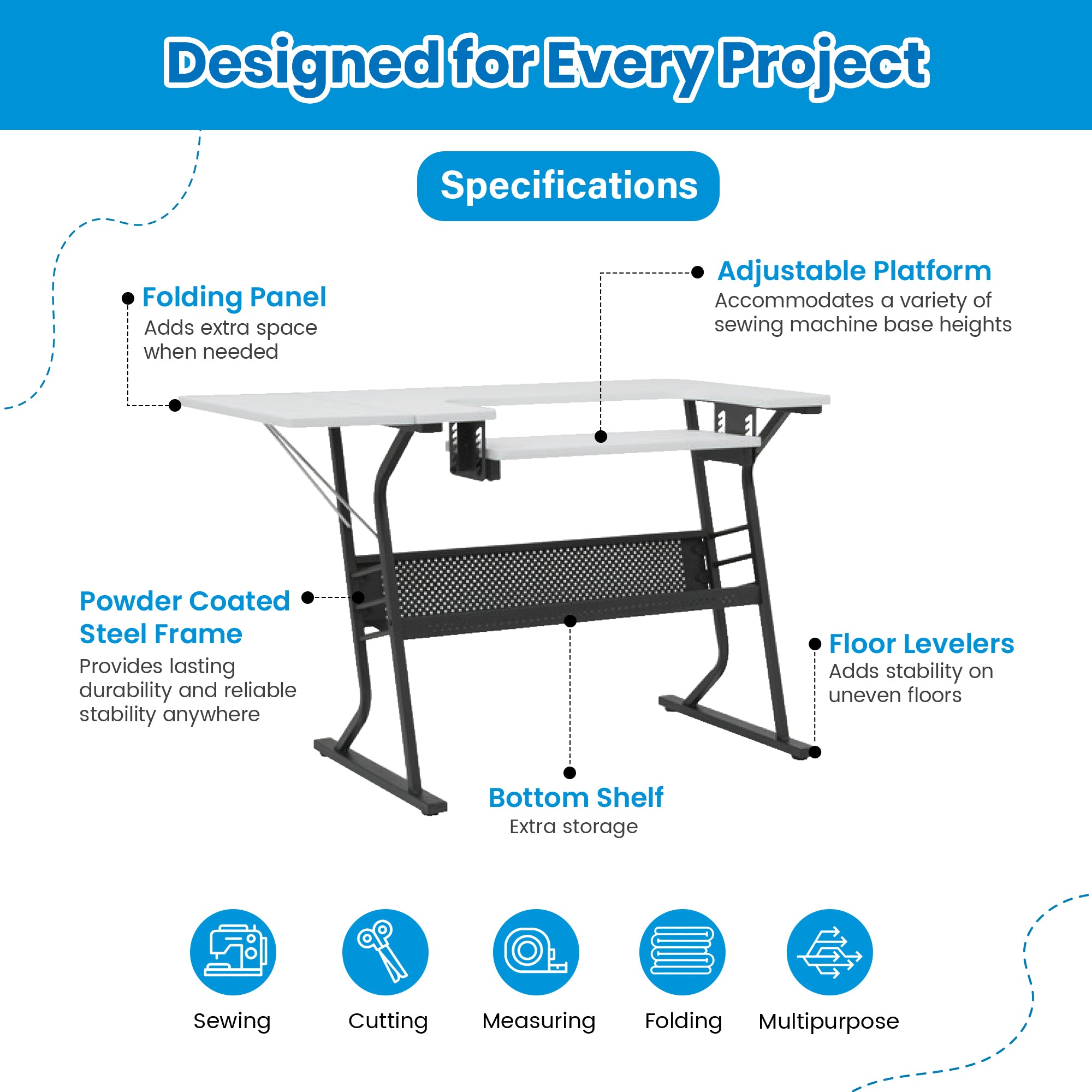 Sew Ready Eclipse Hobby Sewing Table with Storage Drawer and Shelves, Black