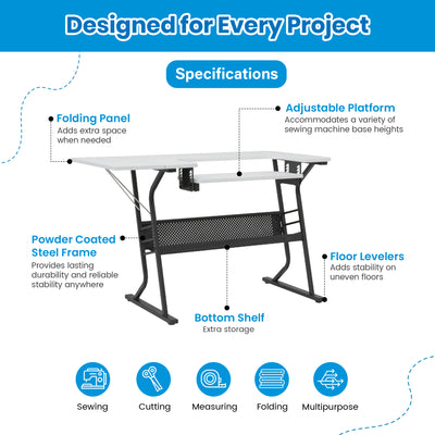 Sew Ready Eclipse Hobby Sewing Table with Storage Drawer and Shelves, Black