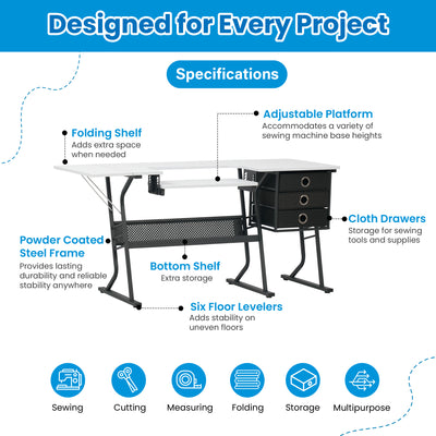 Sew Ready Eclipse Hobby Sewing Table with Storage Drawer and Shelves, Black