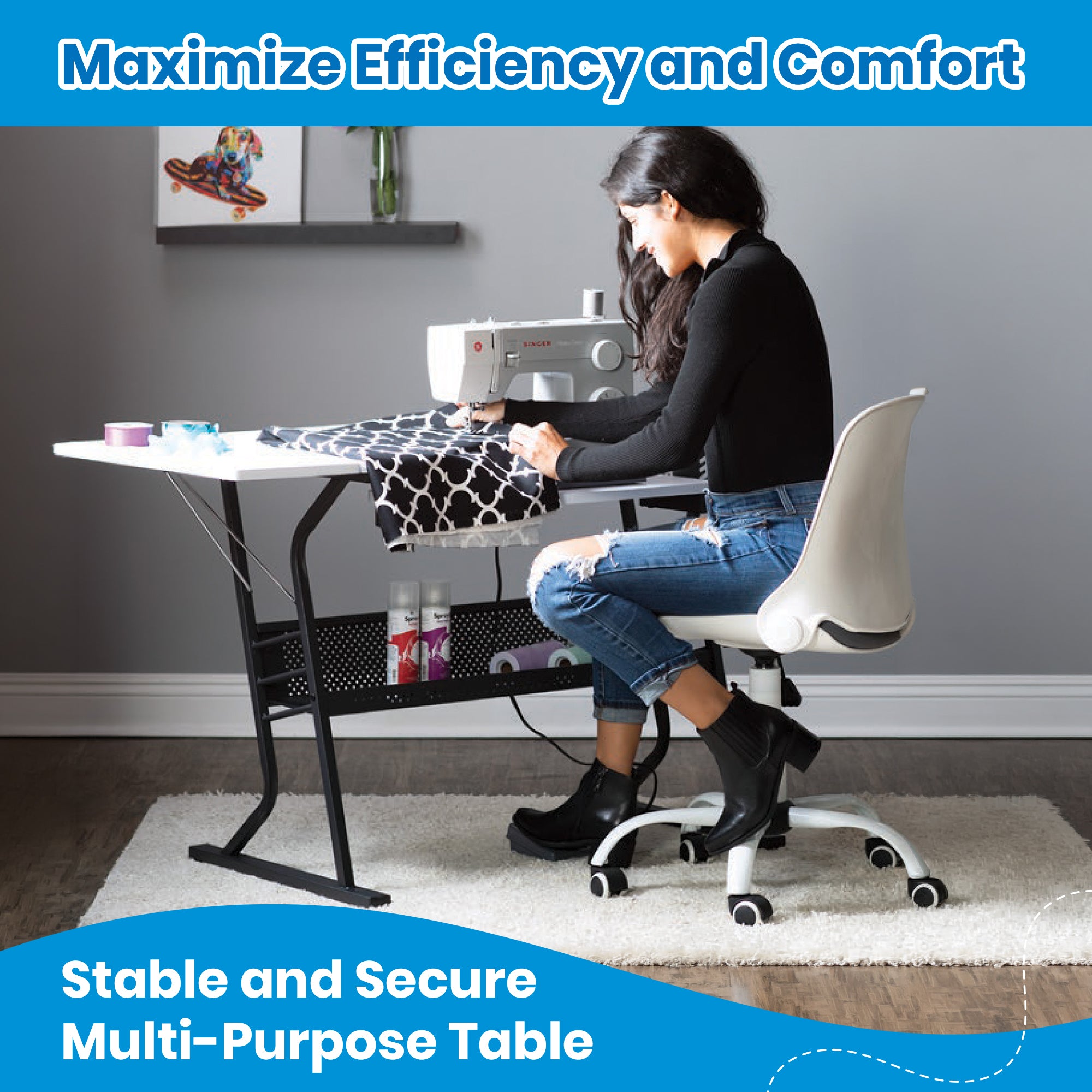 Sew Ready Eclipse Hobby Sewing Table with Storage Drawer and Shelves, Black