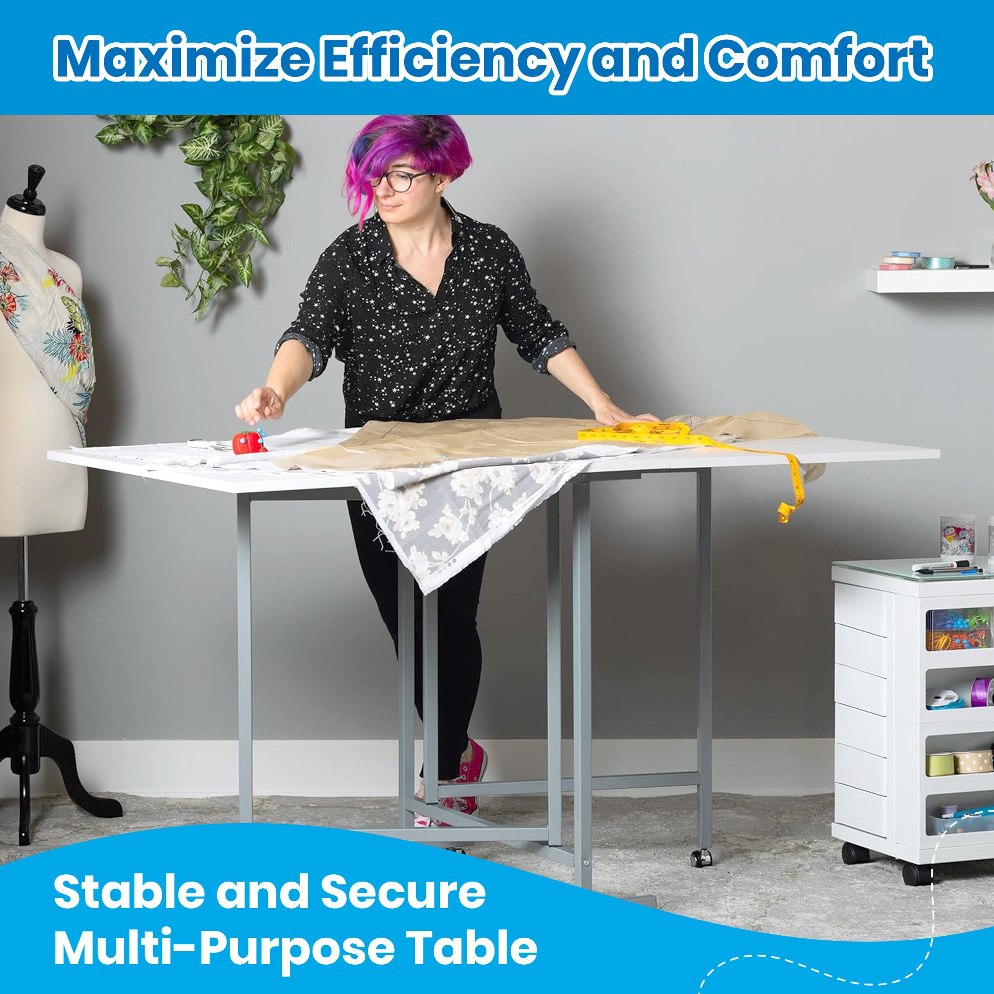 Sew Ready Folding Craft and Cutting Standing Table with Wheels, Silver/White