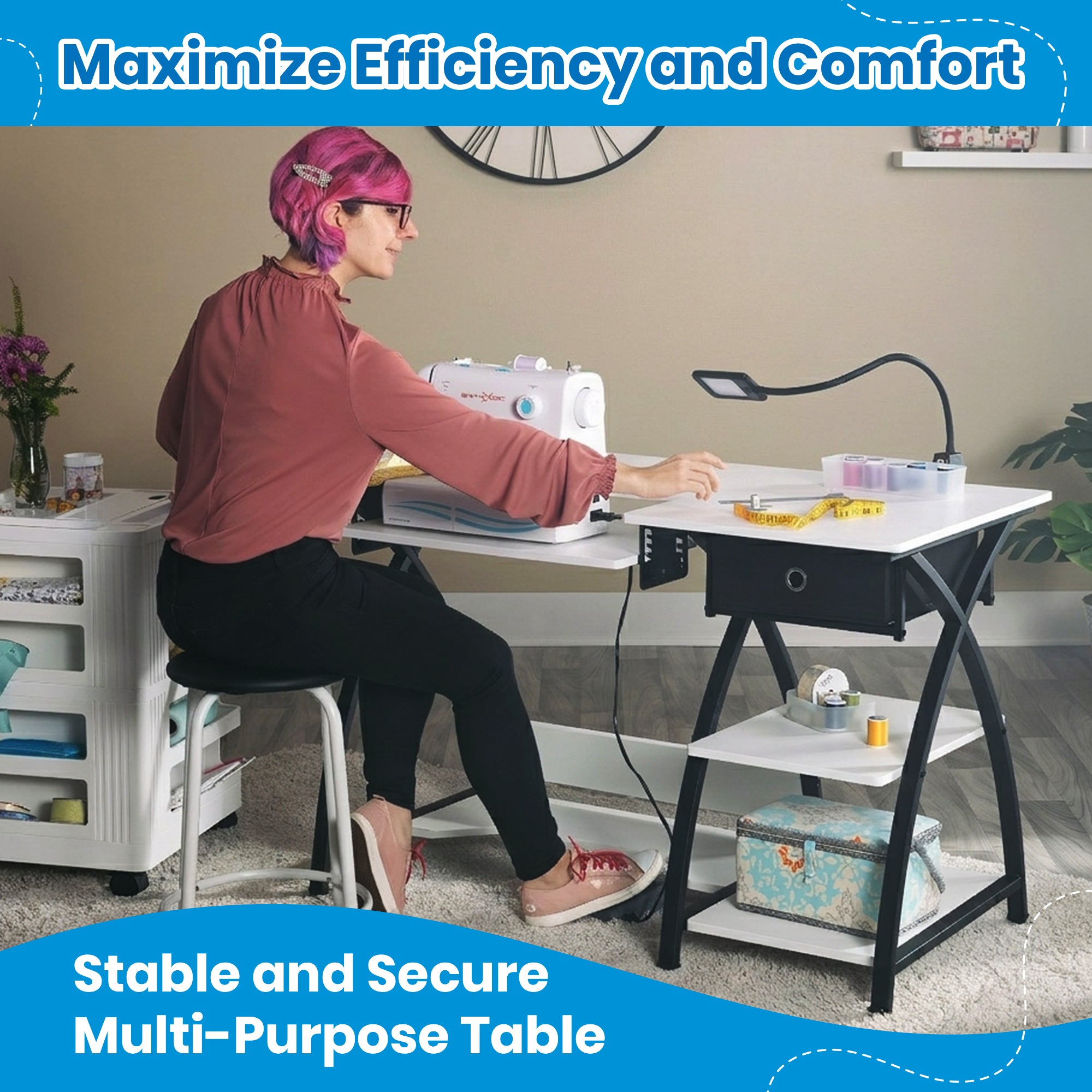 Sew Ready Comet Plus Hobby Sewing Table with Storage Drawer and Shelves, Black - VMInnovations