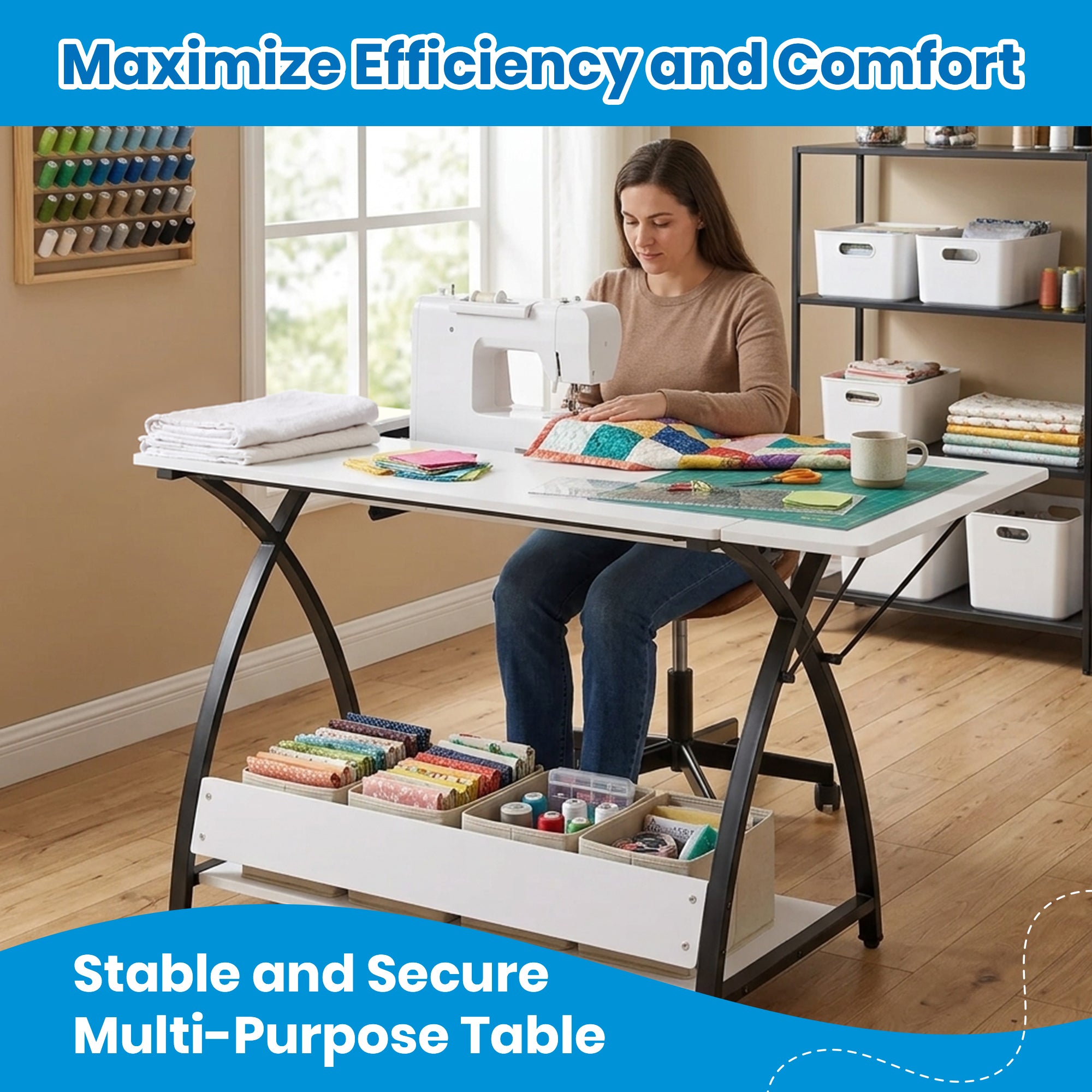 Sew Ready Comet Plus Hobby and Sewing Table with Side & Lower Shelf, Black/White