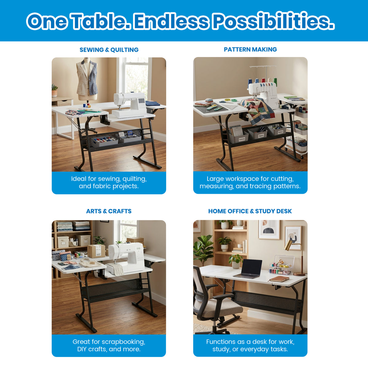Sew Ready Eclipse Hobby Sewing Table with Storage Drawer and Shelves, Black