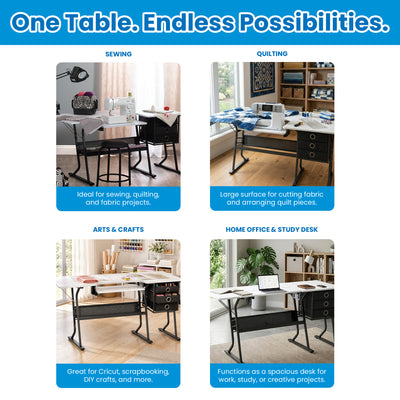 Sew Ready Eclipse Hobby Sewing Table with Storage Drawer and Shelves, Black