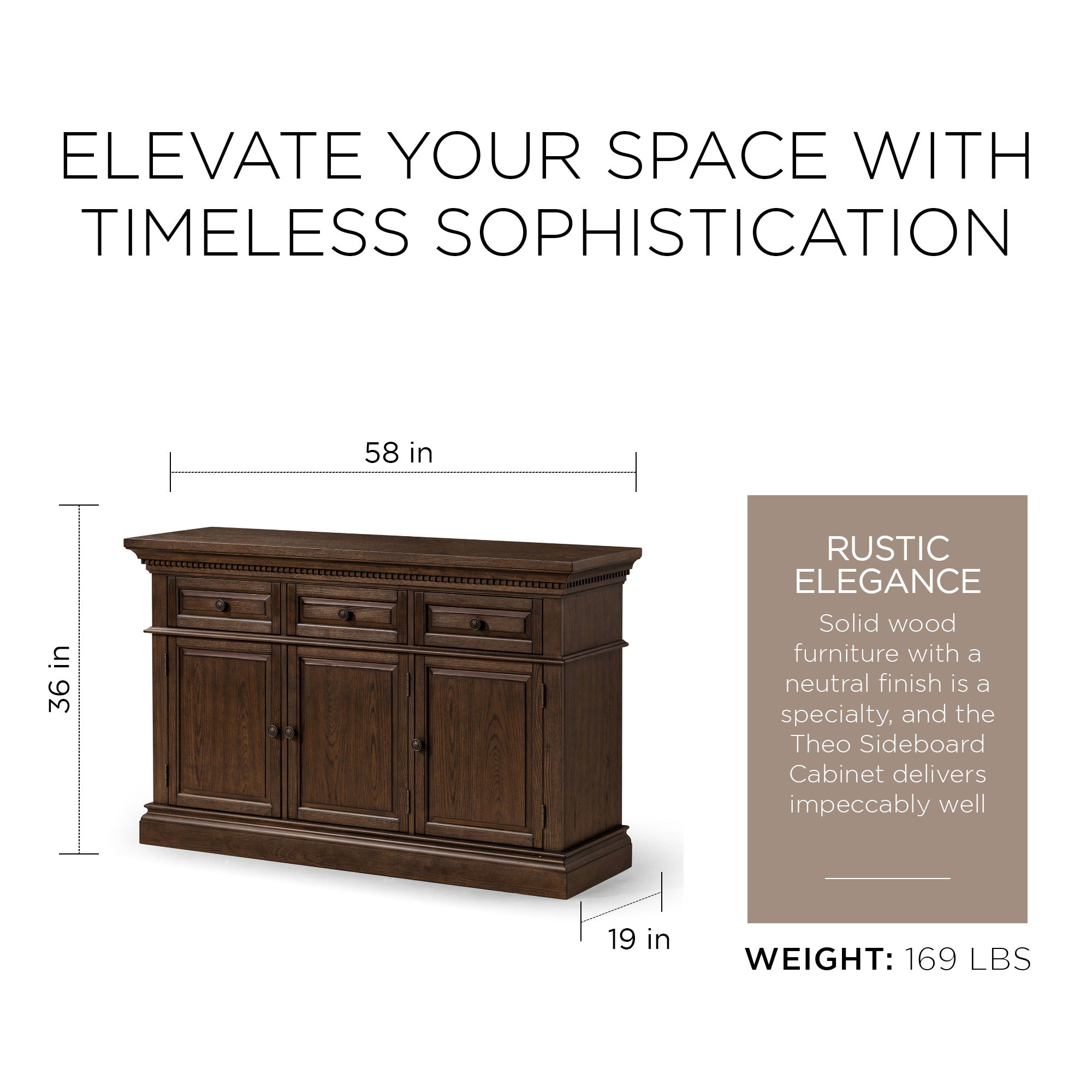 Maven Lane Theo Traditional Wooden Sideboard in Antiqued Brown Finish - VMInnovations