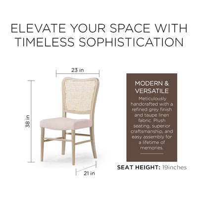 Maven Lane Vera Wood Dining Chair, Antique White & Cream Weave Fabric, Set of 2 - VMInnovations