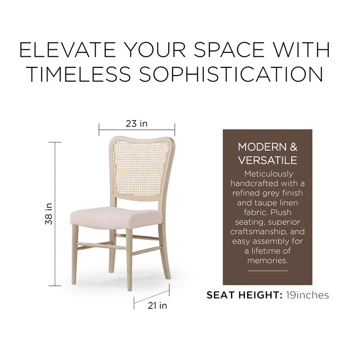 Maven Lane Vera Wood Dining Chair, Antique White & Cream Weave Fabric, Set of 2