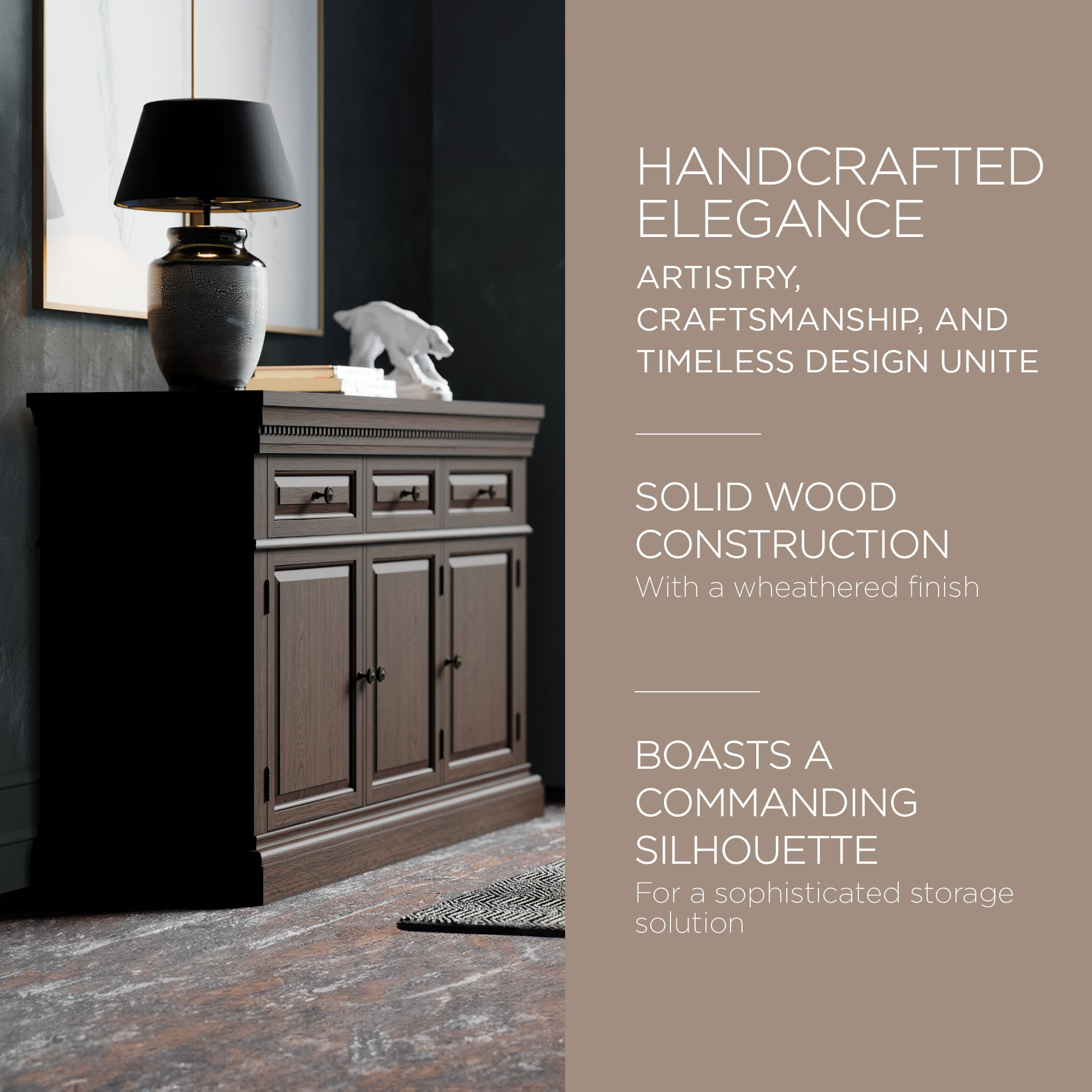Maven Lane Theo Traditional Wooden Sideboard in Antiqued Brown Finish - VMInnovations