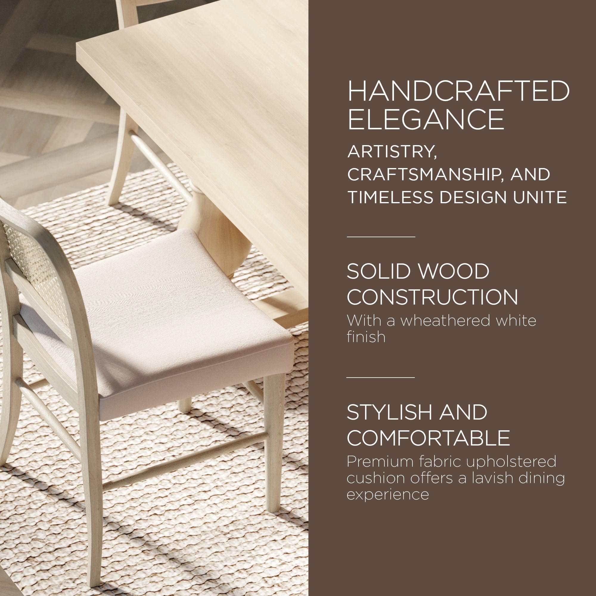 Maven Lane Vera Wood Dining Chair, Antique White & Cream Weave Fabric, Set of 2 - VMInnovations