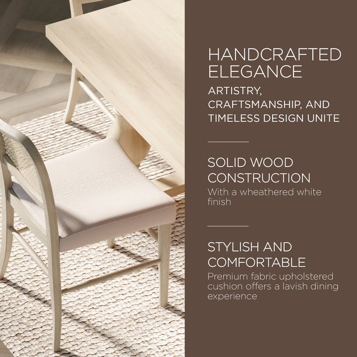 Maven Lane Vera Wood Dining Chair, Antique White & Cream Weave Fabric, Set of 2