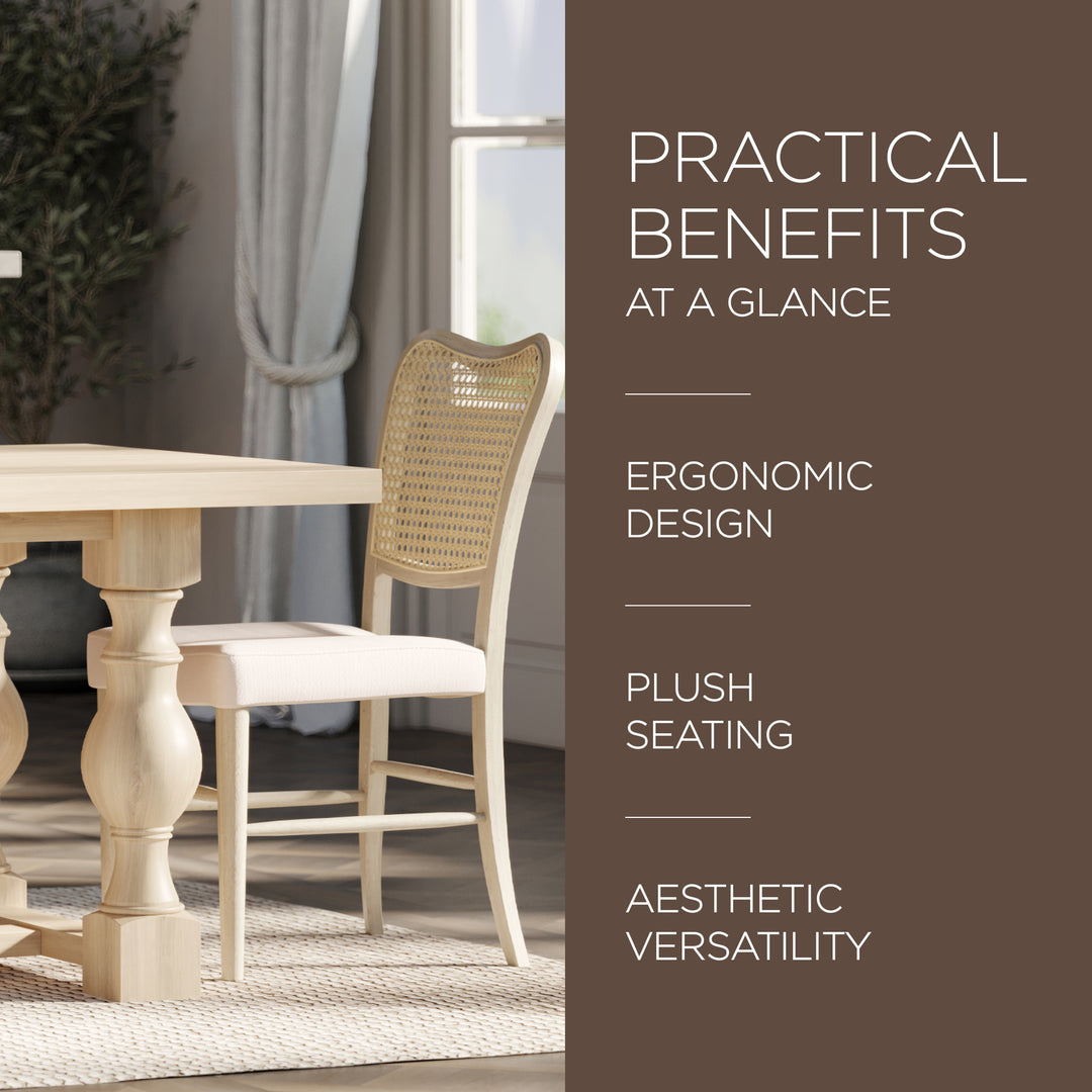 Maven Lane Vera Wood Dining Chair, Antique White & Cream Weave Fabric, Set of 2 - VMInnovations