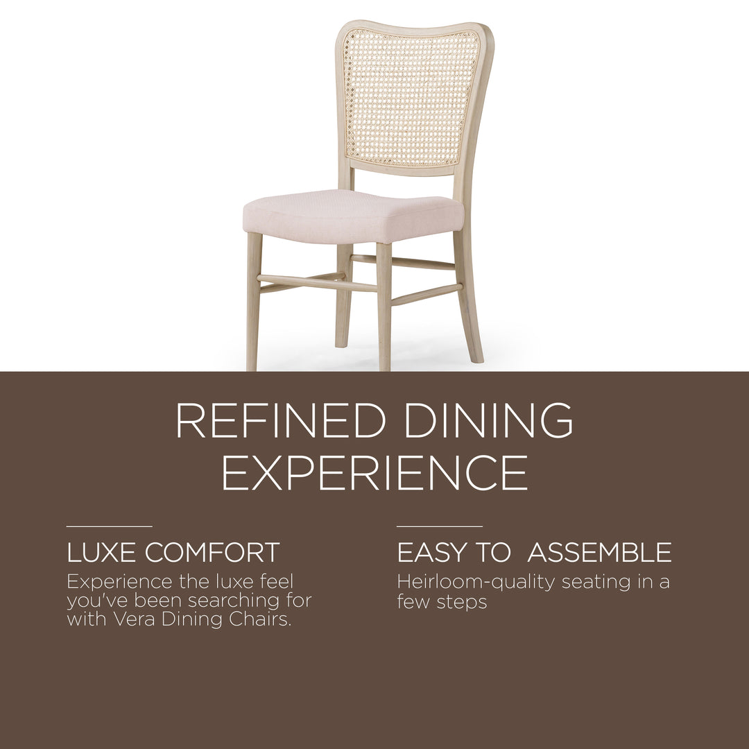 Maven Lane Vera Wood Dining Chair, Antique White & Cream Weave Fabric, Set of 2