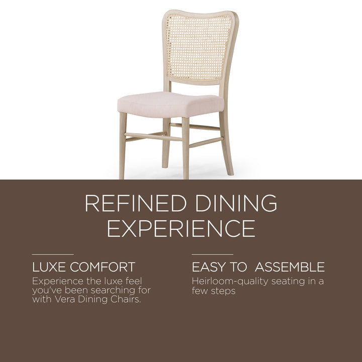 Maven Lane Vera Wood Dining Chair, Antique White & Cream Weave Fabric, Set of 2