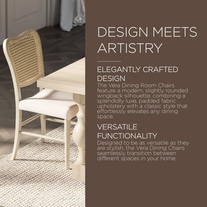 Maven Lane Vera Wood Dining Chair, Antique White & Cream Weave Fabric, Set of 2 - VMInnovations