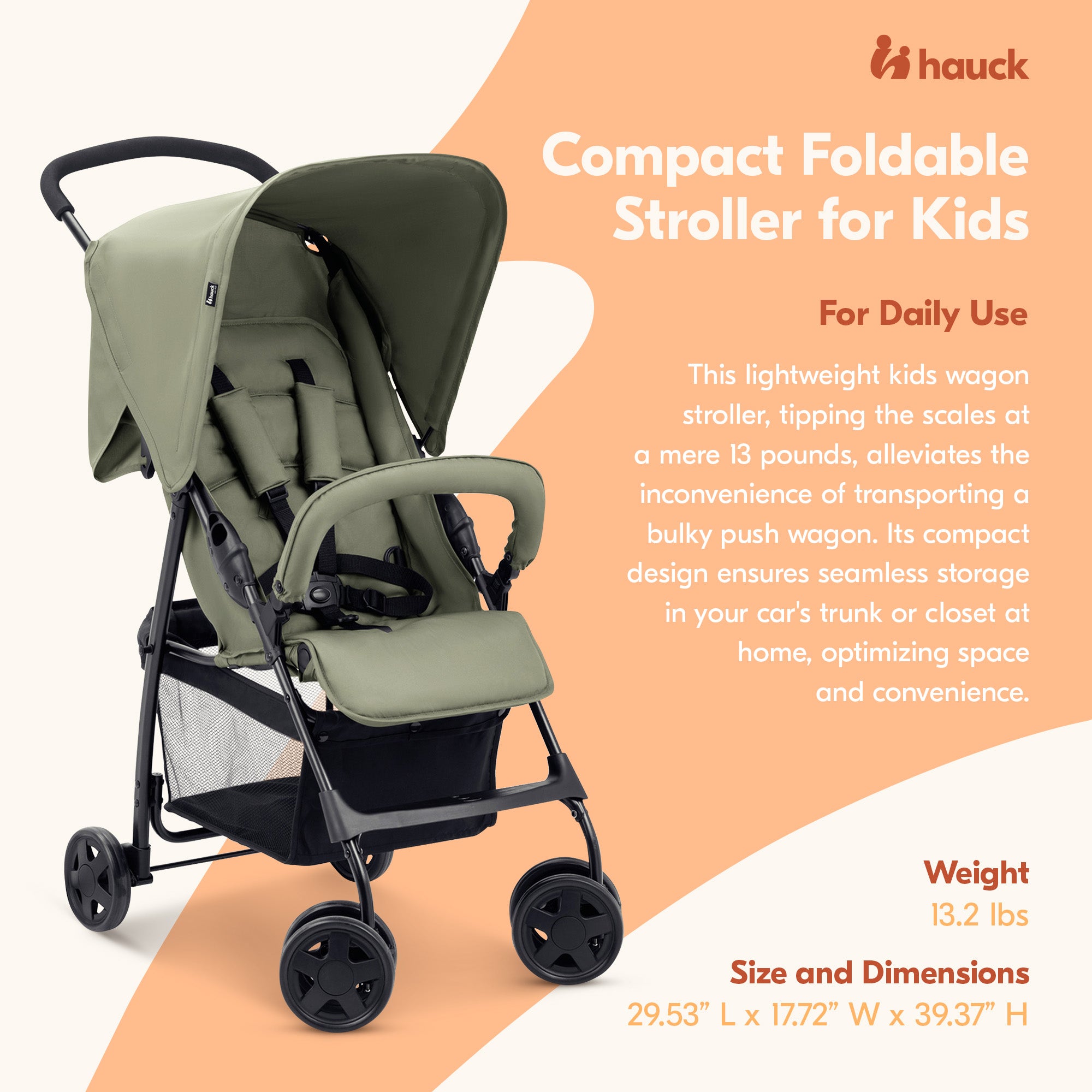 hauck Sport T13 Lightweight Compact Foldable Stroller Push Chair, Dark Olive - VMInnovations