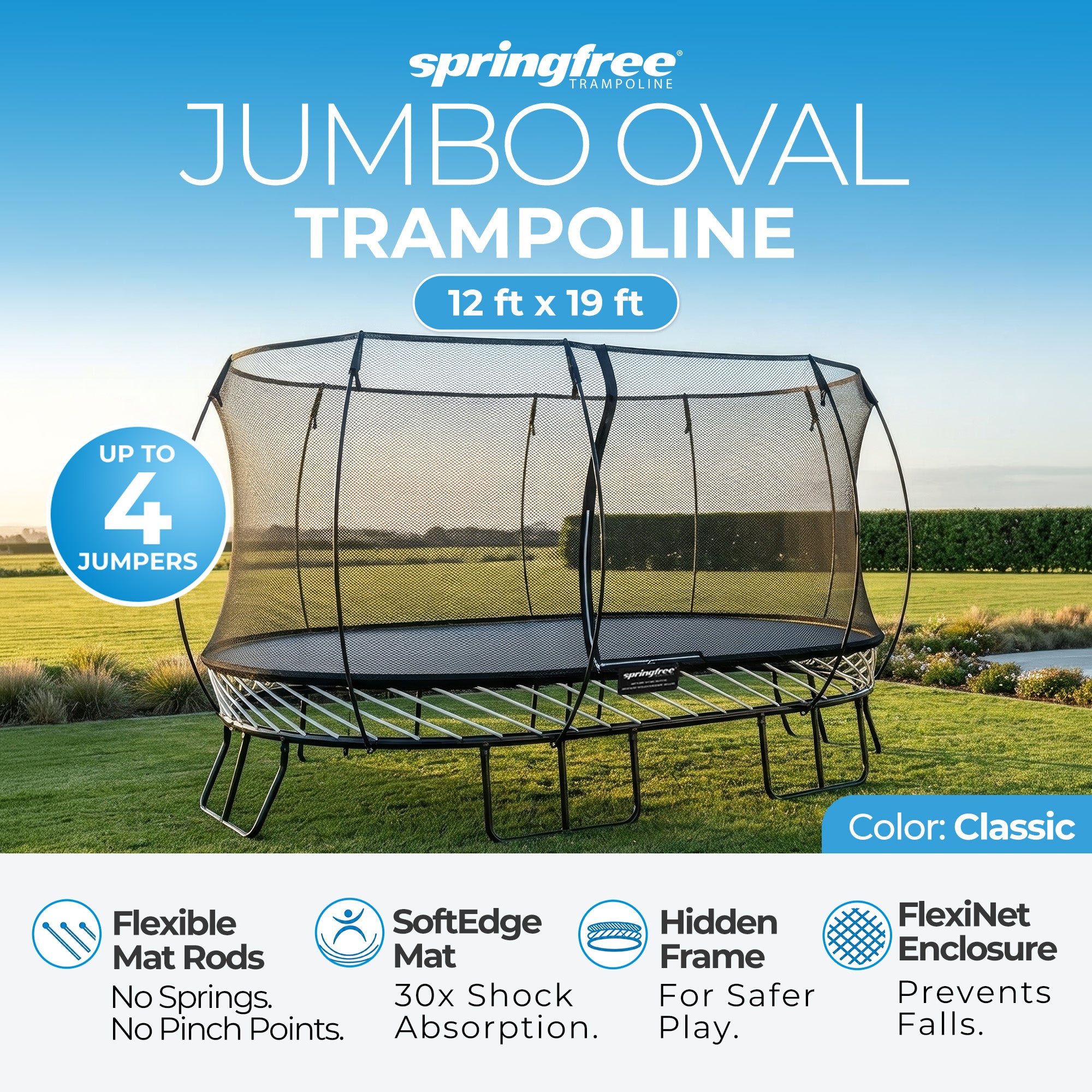 Springfree Trampoline 12'x19' Jumbo Oval Trampoline with 22'x29' Space Required