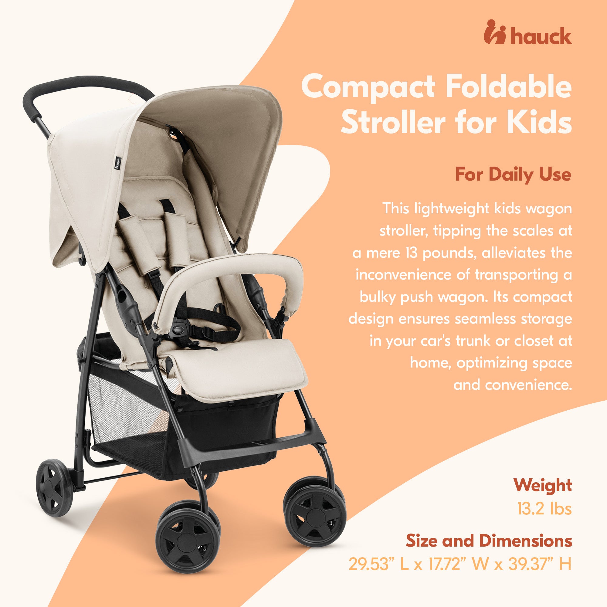 hauck Sport Lightweight Compact & Foldable Stroller, Push Chair, Beige(Open Box) - VMInnovations