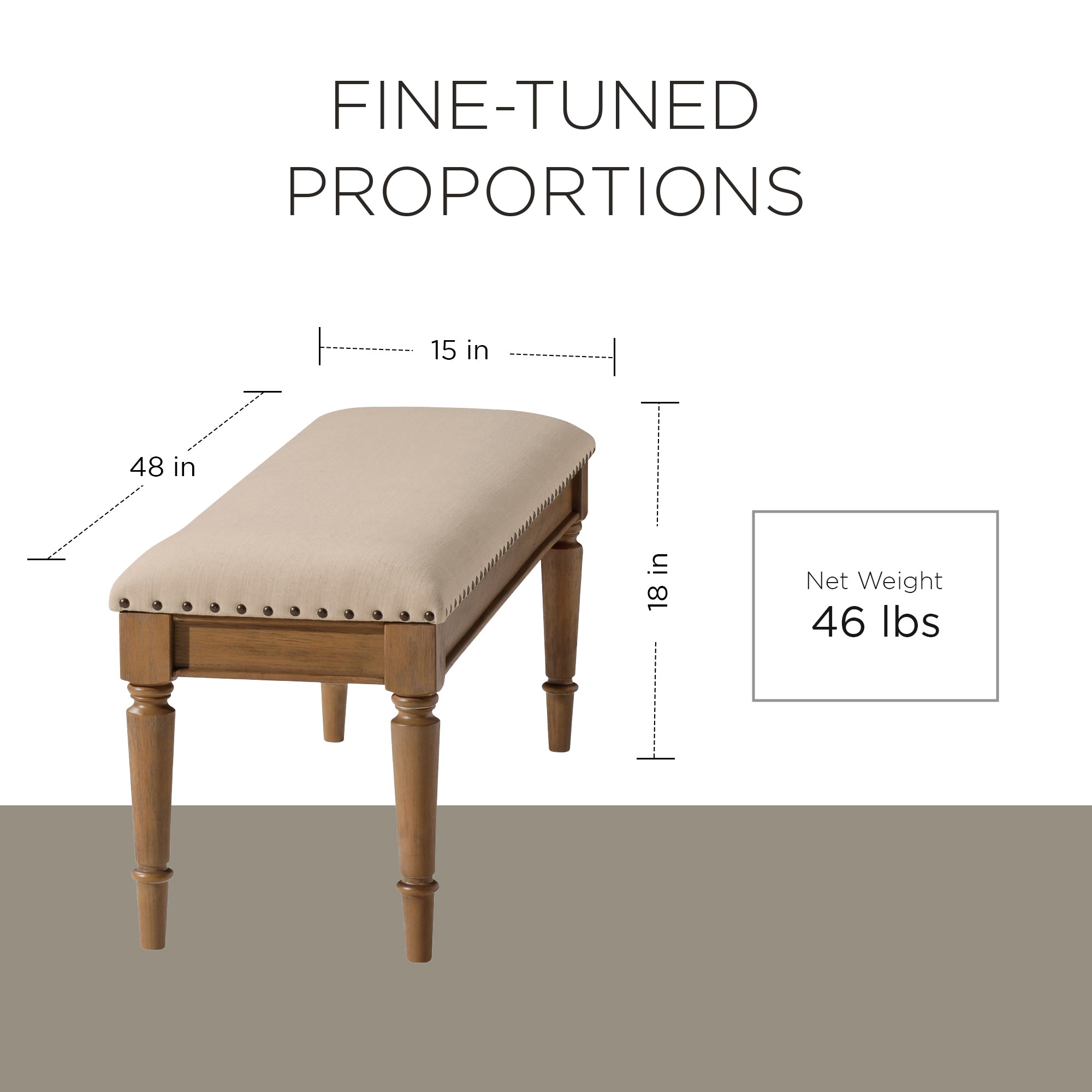 Maven Lane Elizabeth Traditional Upholstered Wood Bench, Antiqued Natural Finish - VMInnovations