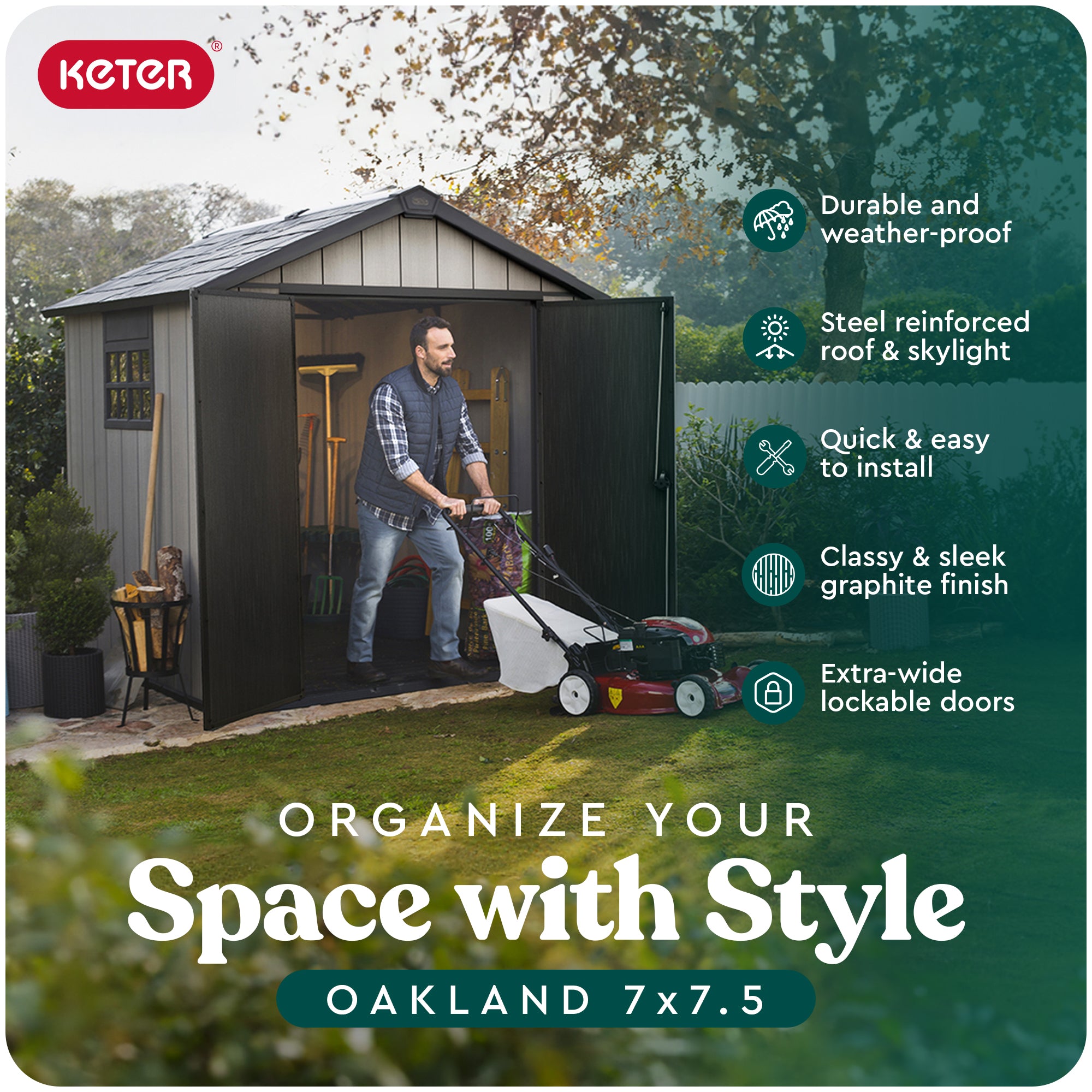 Keter Oakland 7 x 7.5 Foot Outdoor Garden Tool Storage Shed with Windows, Gray - VMInnovations