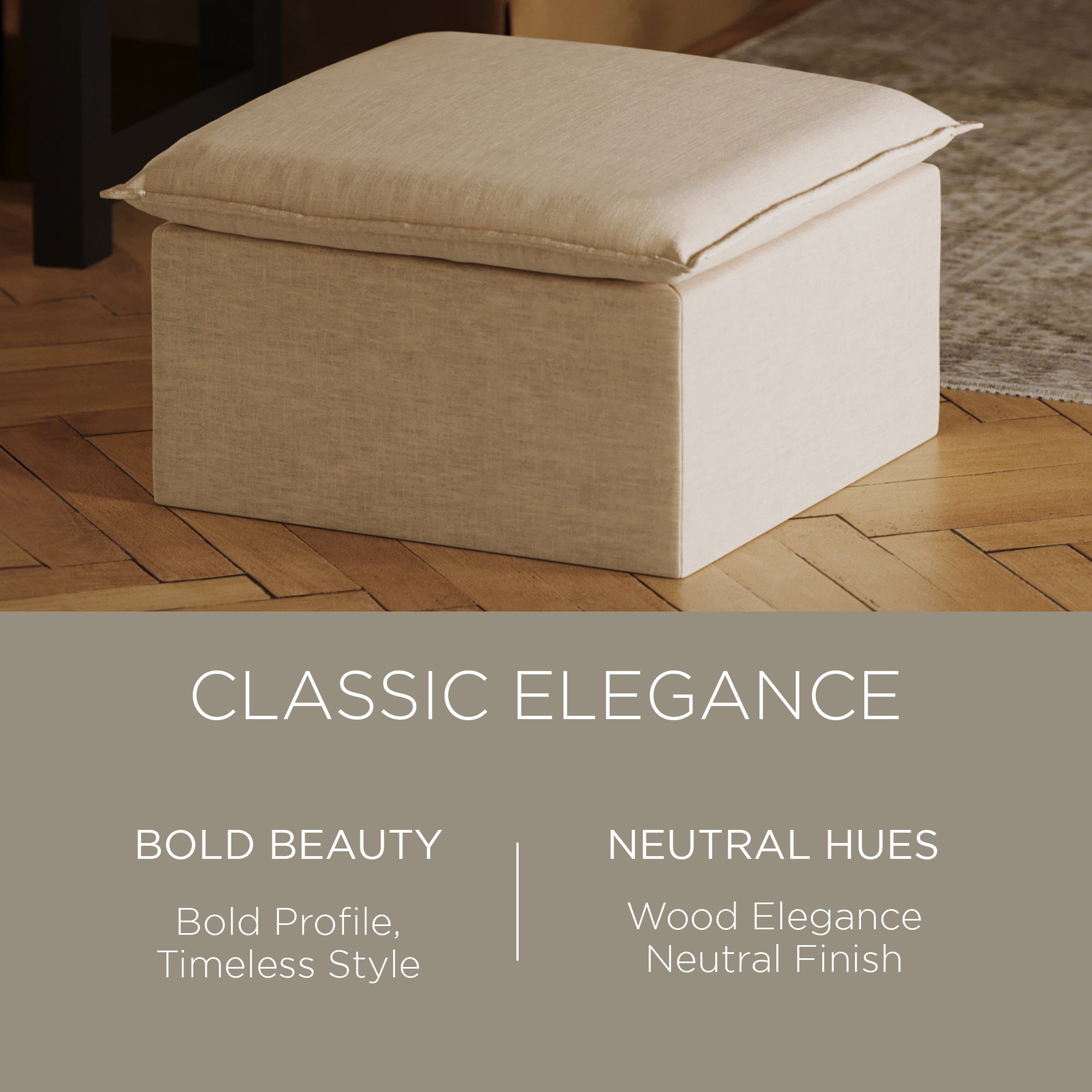 Maven Lane Claude Rustic Ottoman in Taupe Fabric Upholstery - VMInnovations