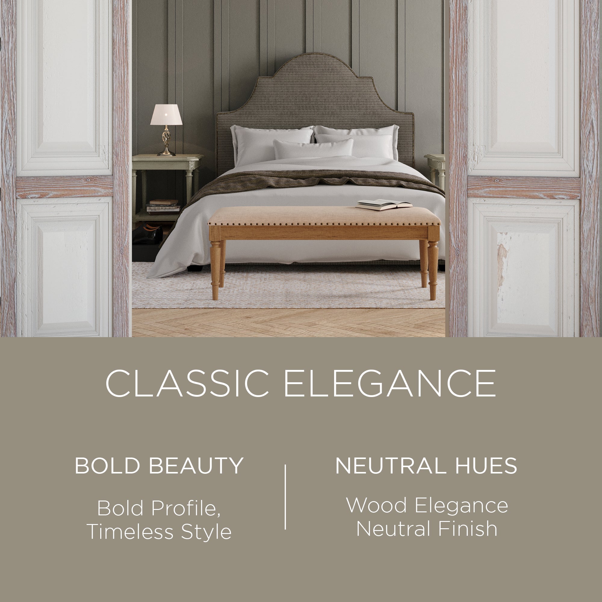Maven Lane Elizabeth Traditional Upholstered Wood Bench, Antiqued Natural Finish - VMInnovations