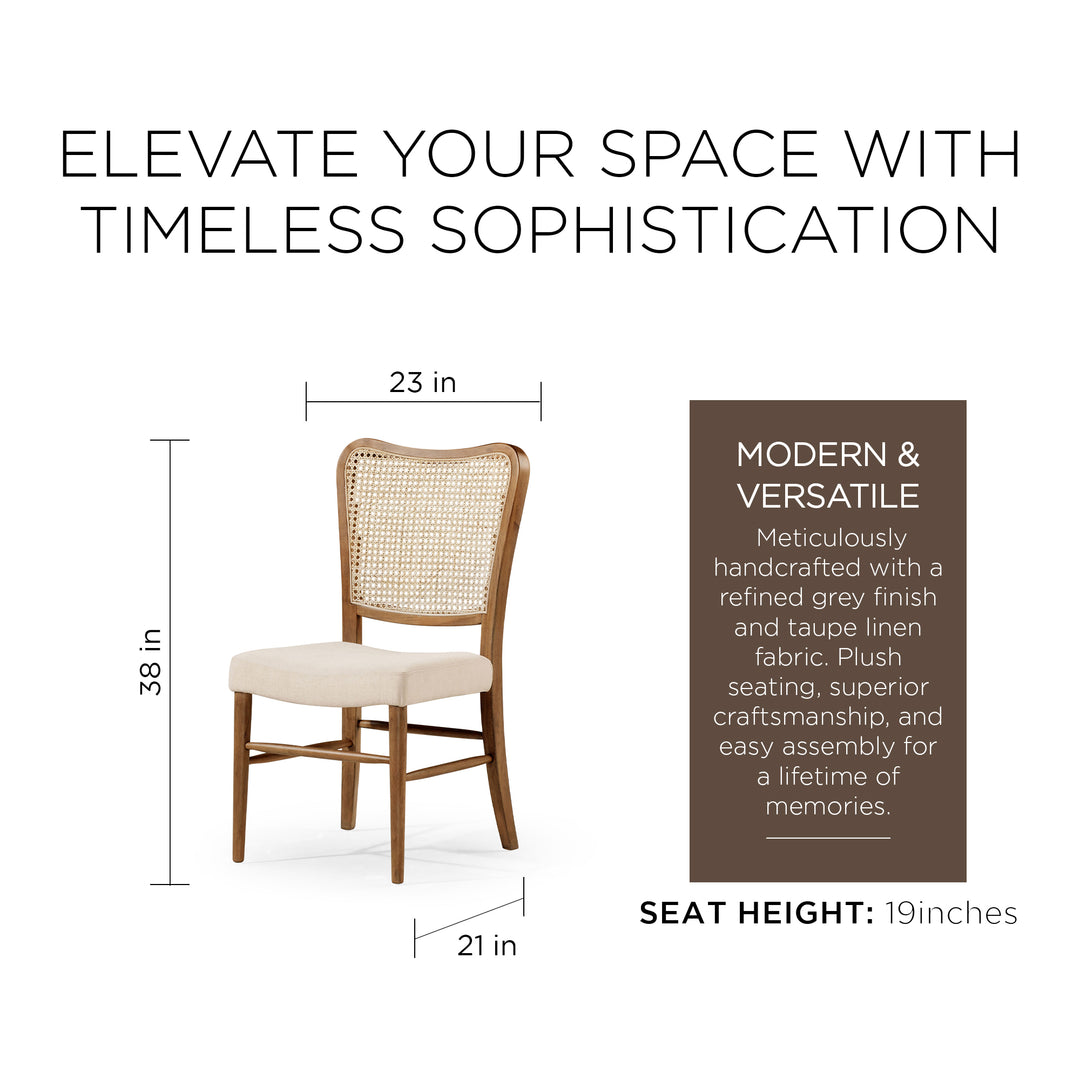 Maven Lane Vera Wood Dining Chair, Antique Natural & Taupe Linen Fabric, Set of 2 - VMInnovations