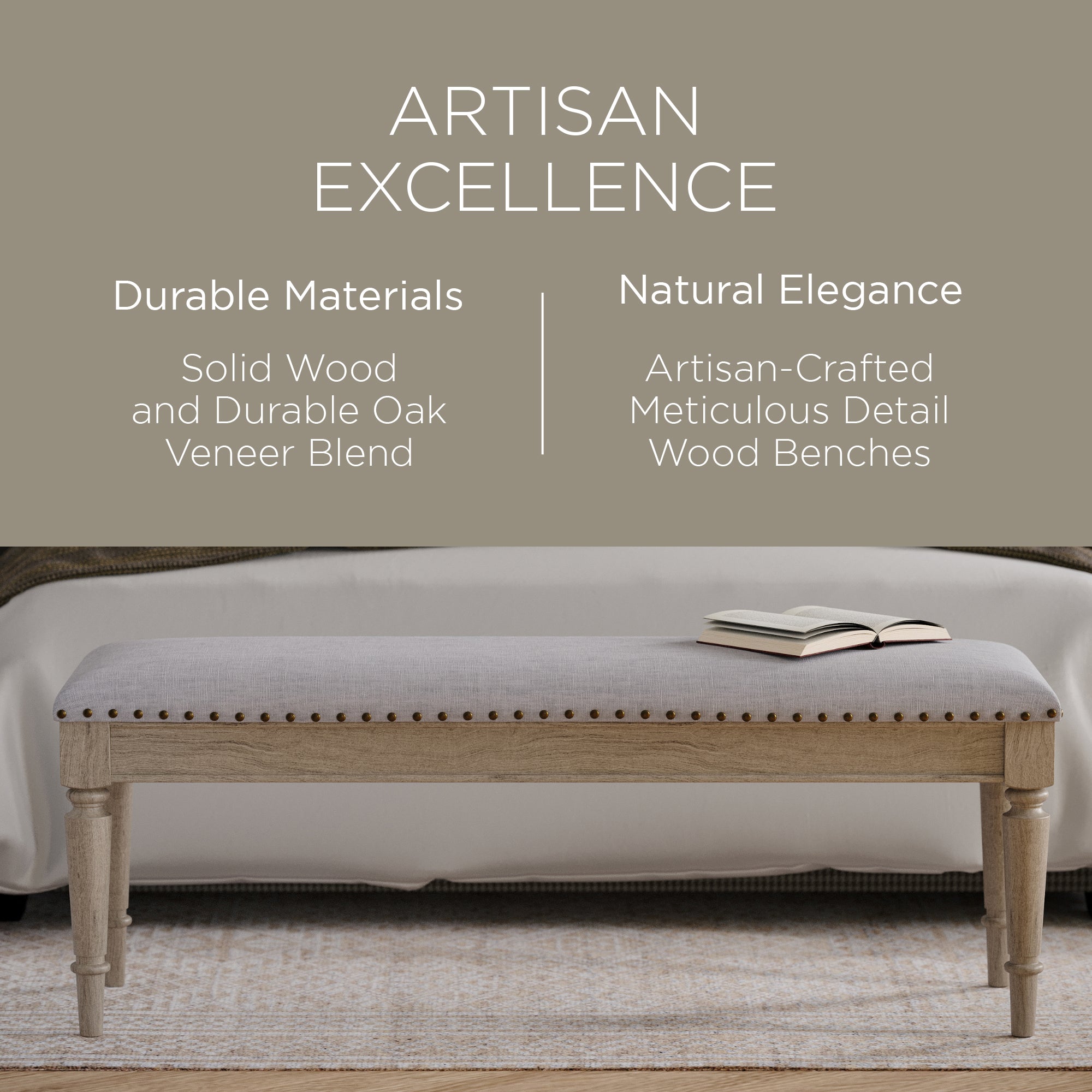 Maven Lane Elizabeth Traditional Upholstered Wooden Bench, Antiqued Grey Finish - VMInnovations