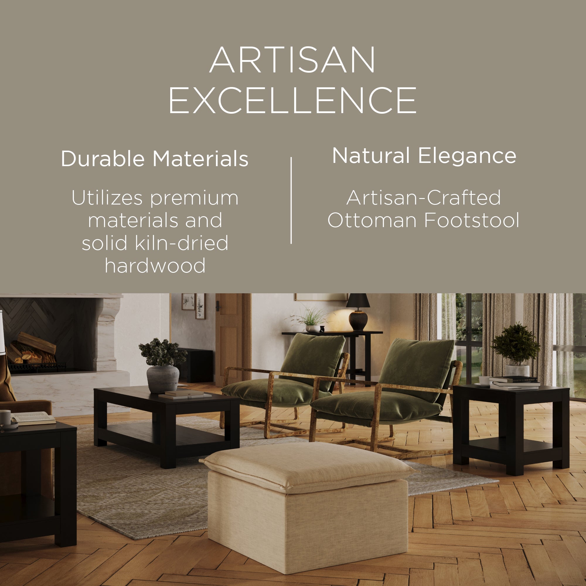 Maven Lane Claude Rustic Ottoman in Taupe Fabric Upholstery - VMInnovations