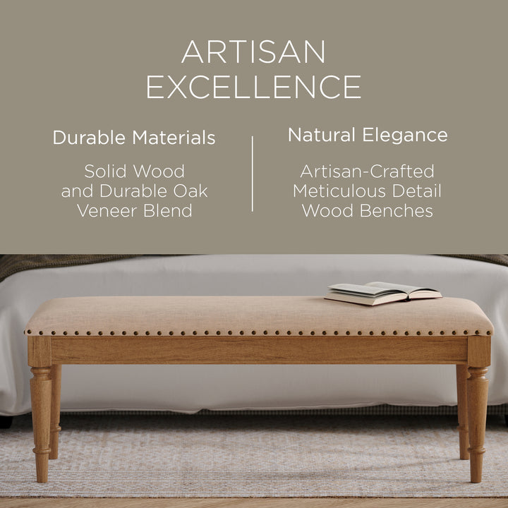 Maven Lane Elizabeth Traditional Upholstered Wood Bench, Antiqued Natural Finish
