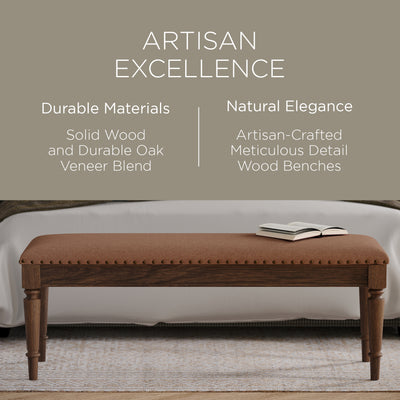 Maven Lane Traditional Upholstered Wooden Bench, Antiqued Brown(Open Box) - VMInnovations