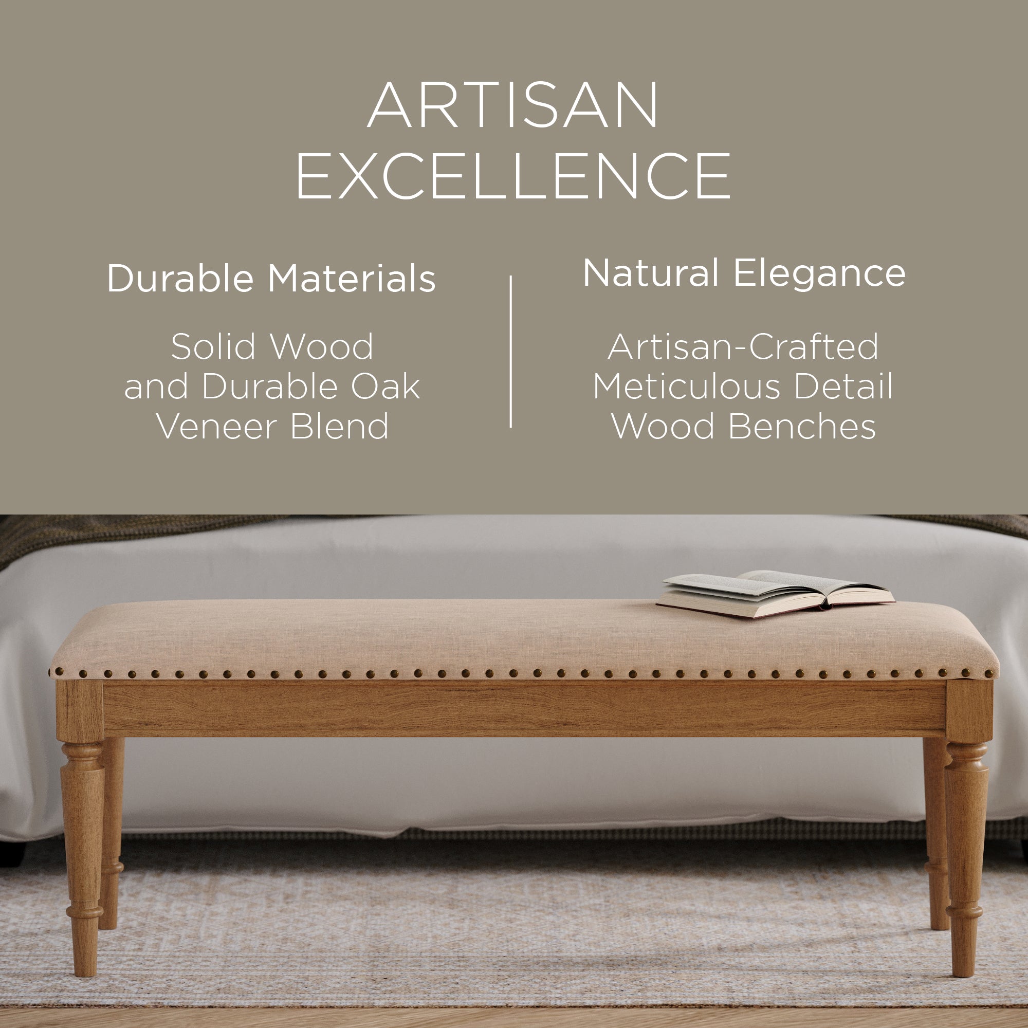 Maven Lane Traditional Upholstered Wood Bench, Antiqued Finish (Open Box) - VMInnovations