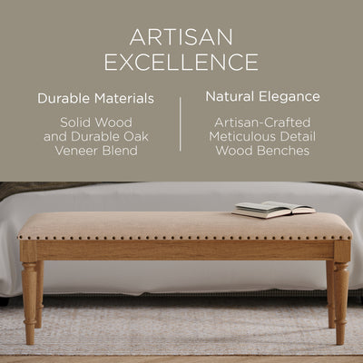 Maven Lane Traditional Upholstered Wood Bench, Antiqued Finish (Open Box) - VMInnovations