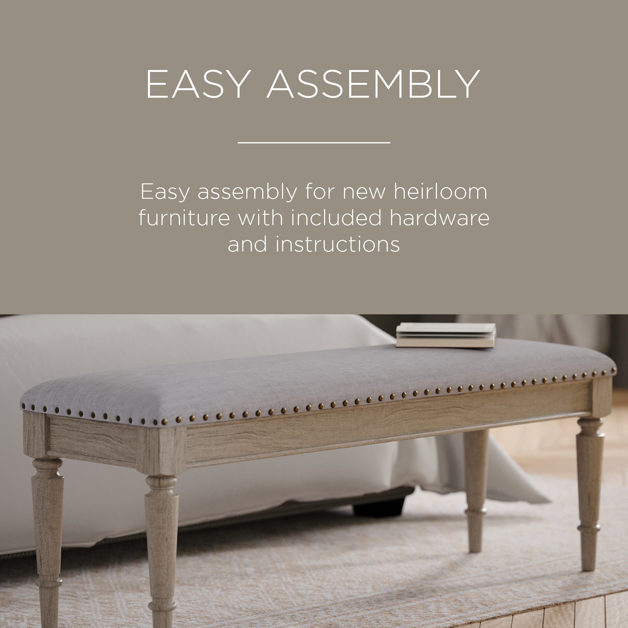 Maven Lane Elizabeth Upholstered Wooden Bench, Antiqued Grey Finish (Open Box) - VMInnovations
