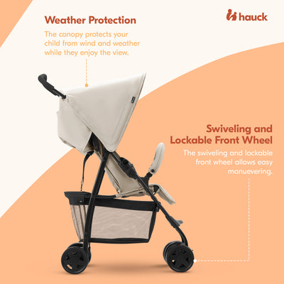 hauck Sport T13 Lightweight Compact and Foldable Stroller, Push Chair, Beige - VMInnovations