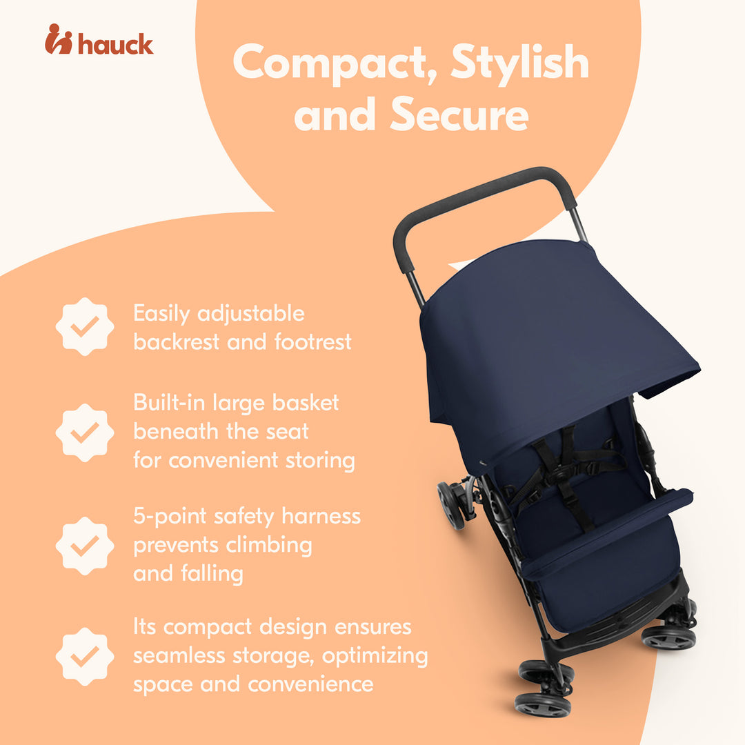 hauck Sport T13 Lightweight Compact Foldable Stroller Chair, Dark Blue(Open Box)