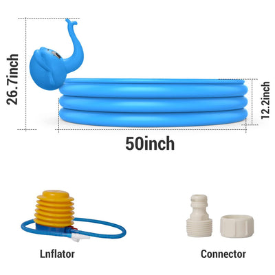 Ingbelle 50 Inch Diameter 3 Ring Inflatable Elephant Kiddie Sprinkler Pool, Blue