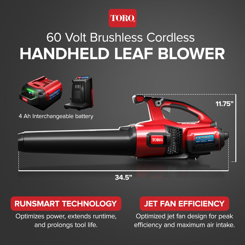 60V Brushless Cordless Handheld Leaf Blower w/ 4 Ah Battery & Charger (Open Box)