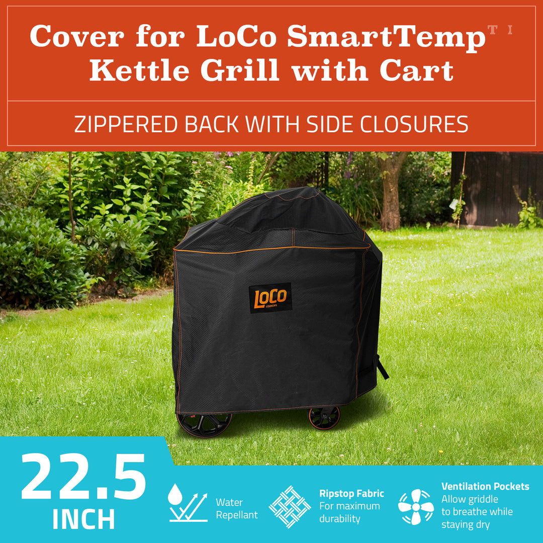 Loco Cookers 22.5 In Kettle Grill Cover with SmartTemp, Zipper, and Cart, Black