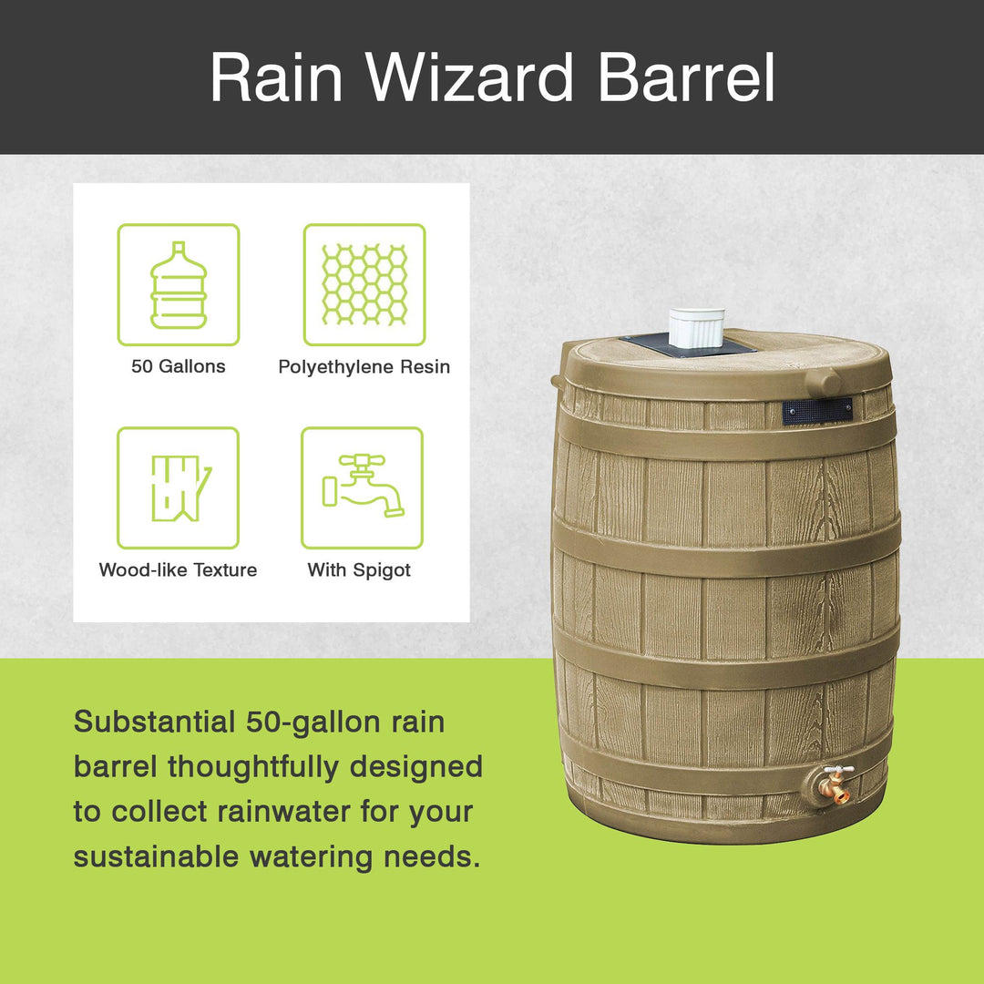 Good Ideas Rain Wizard 50 Gallon Plastic Rain Barrel Water Collector, Khaki