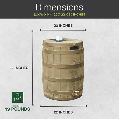 Good Ideas Rain Wizard 50 Gallon Plastic Rain Barrel, Khaki with 50' Soaker Hose