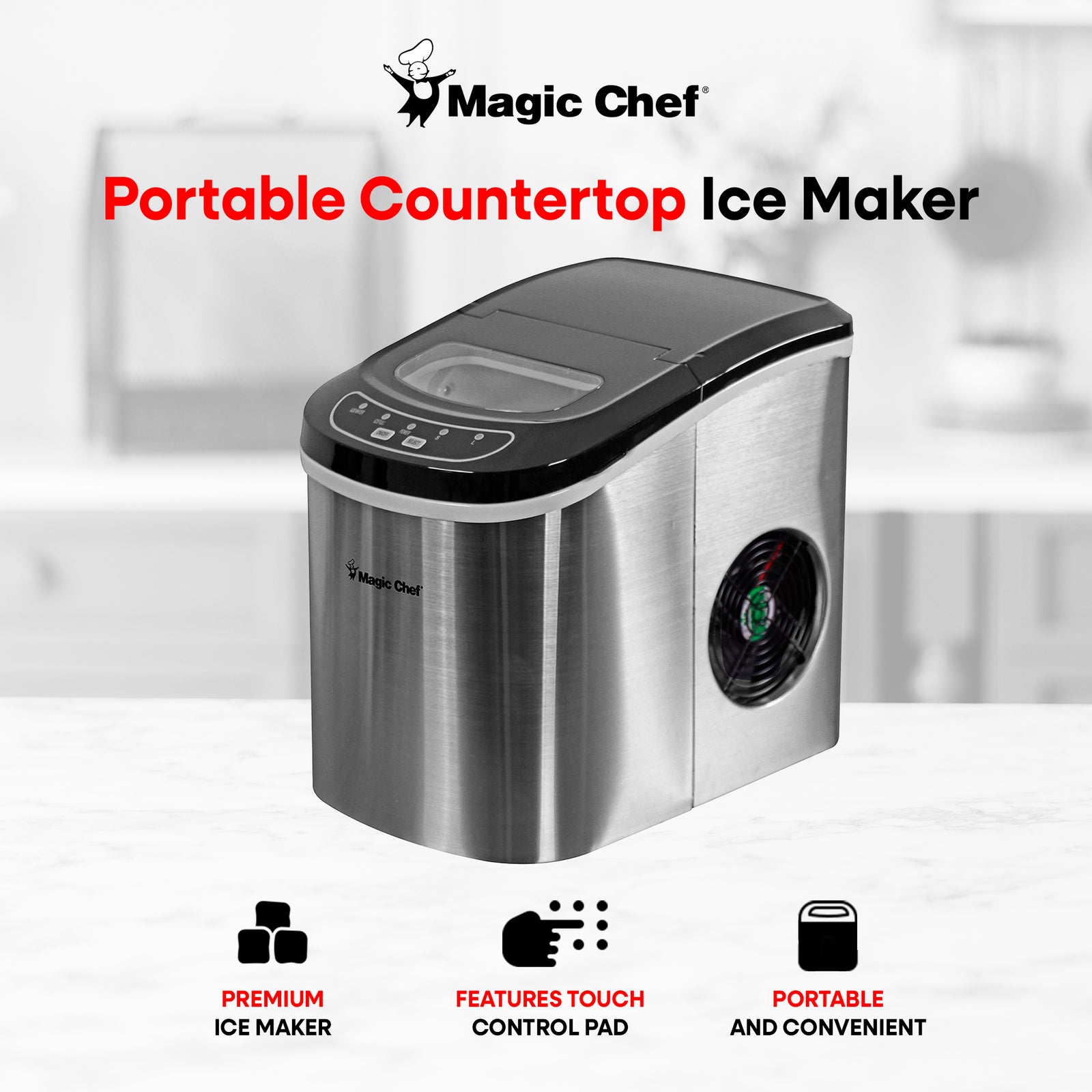 Magic Chef Portable Countertop Ice Maker, Small Ice Maker for Kitchen or Home Bar, Tabletop Ice Maker for Parties, 27-Pound Capacity, Stainless Steel - VMInnovations