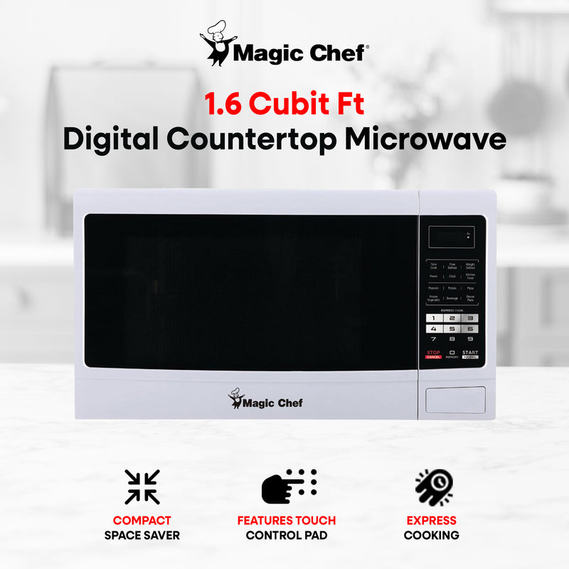 Magic Chef MCM1611W 1100 Watt 1.6 Cubic Feet Digital Countertop Microwave, White