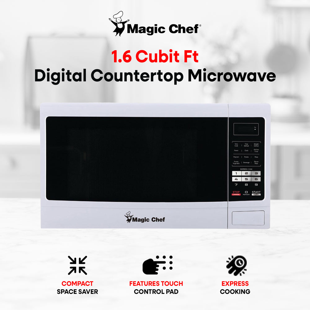 Magic Chef MCM1611W 1100 Watt 1.6 Cubic Feet Digital Countertop Microwave, White - VMInnovations