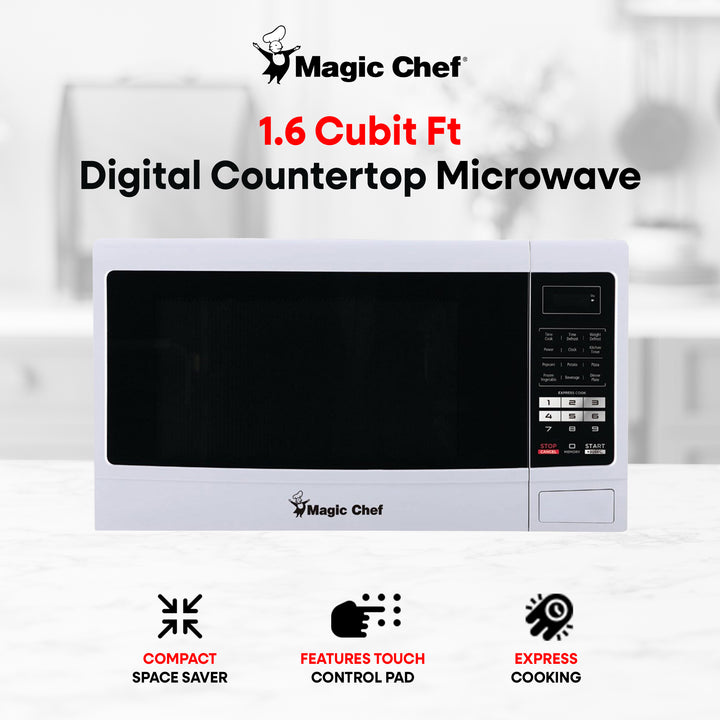 Magic Chef MCM1611W 1100 Watt 1.6 Cubic Feet Digital Countertop Microwave, White - VMInnovations