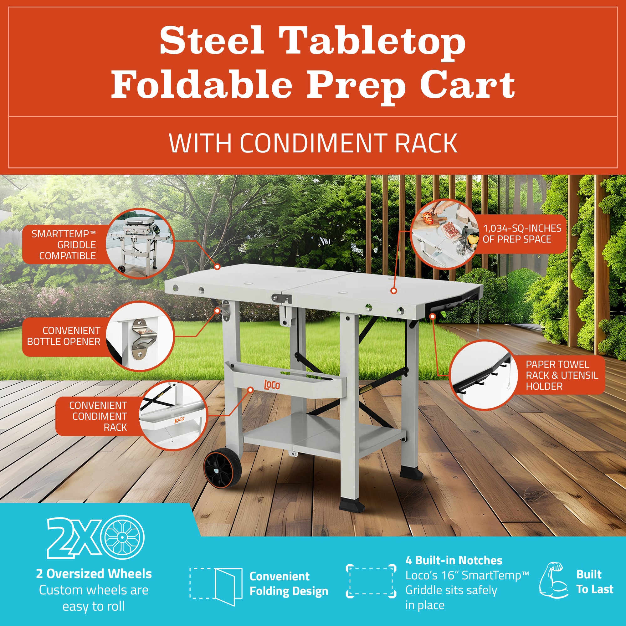 Loco Cookers Steel Tabletop Foldable Prep Cart with Condiment Holder, Chalk - VMInnovations