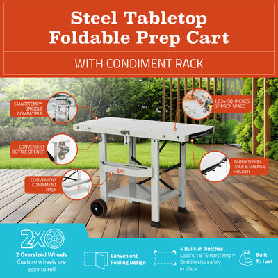 Loco Cookers Steel Tabletop Foldable Prep Cart with Condiment Holder, Chalk - VMInnovations